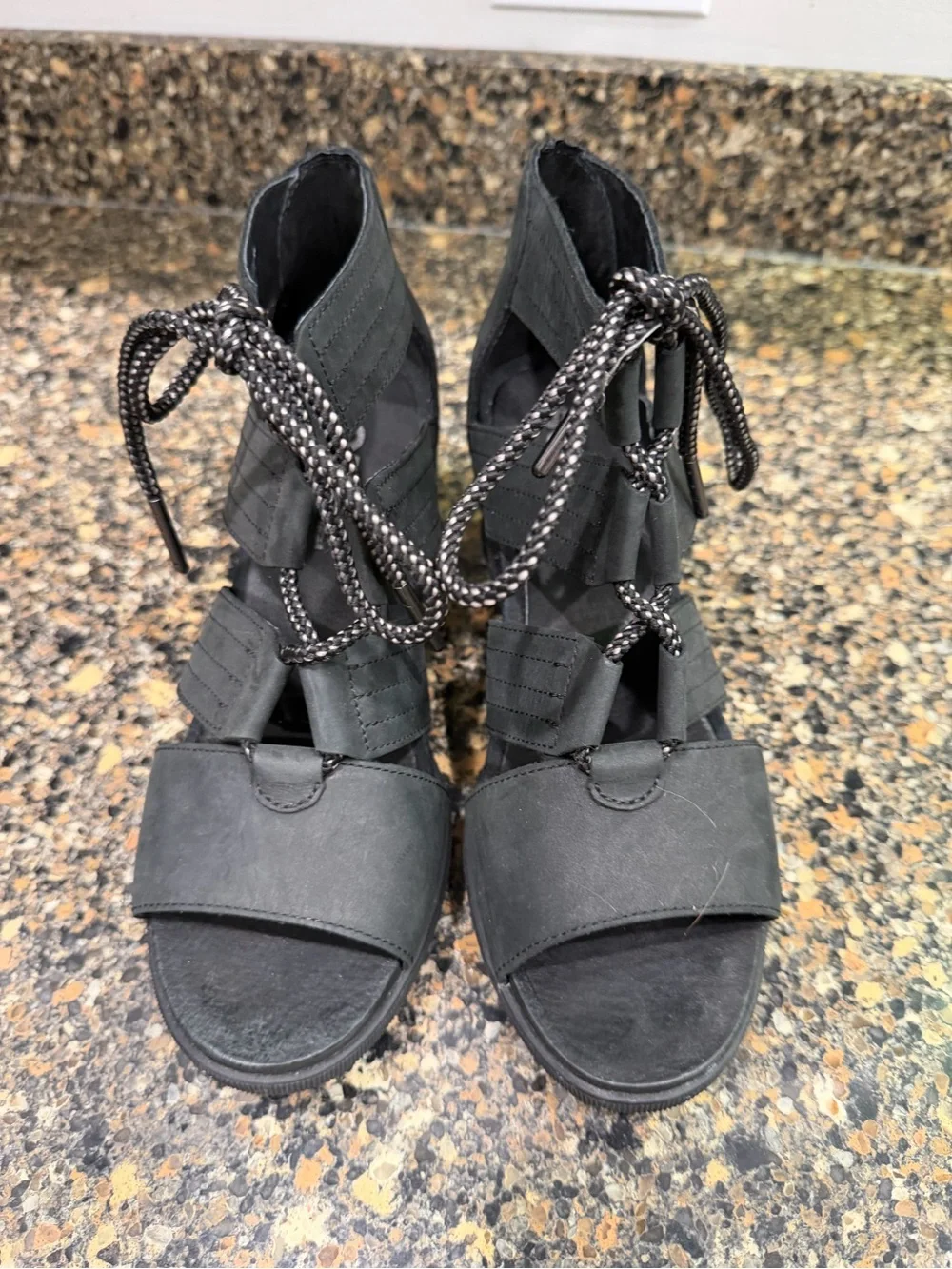 Sorel Black Lace-Up Wedge Sandals with Cutout Straps 8.5
